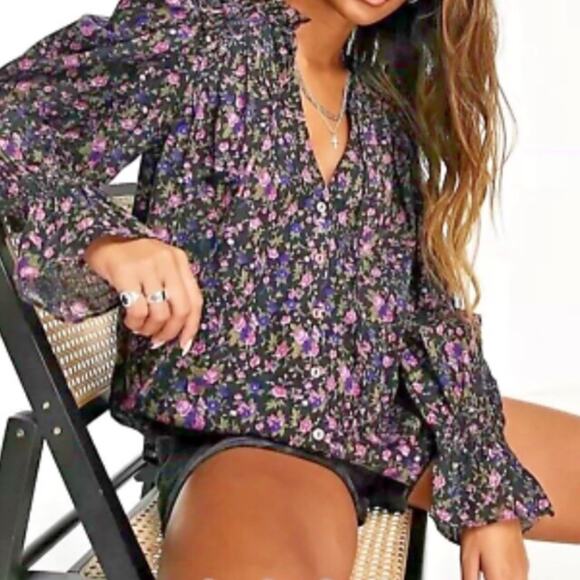 Free People Meant to Be Black Purple Floral Puff Sleeve Smocked Cotton Blouse S - Picture 2 of 15